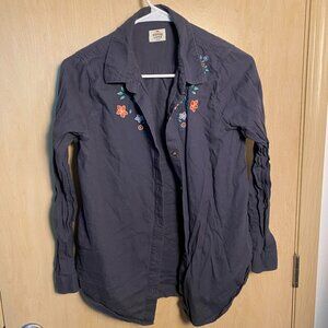 Marine Layer Medium Embroidered Flower Button Down Top Navy
